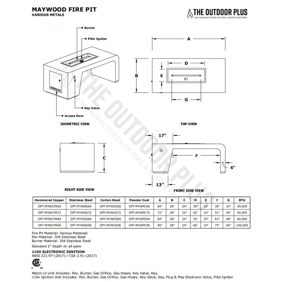 Maywood Rectangular Hammered Copper Fire Table Specifications