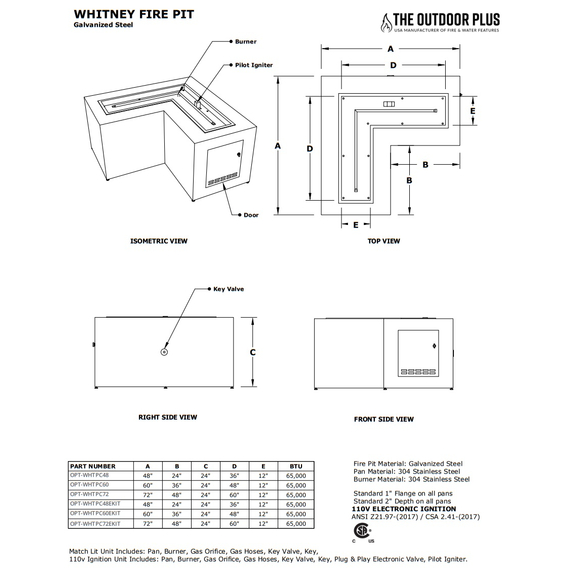 Whitney L-Shaped Hammered Copper Fire Table Specifications