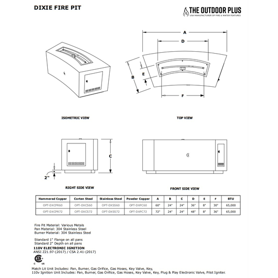 Dixie Curved Stainless Steel Fire Table Specifications