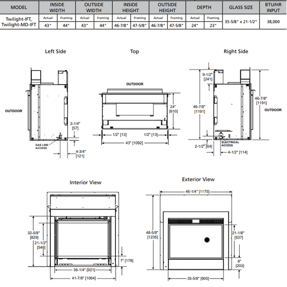 Outdoor Lifestyle Twilight Modern 36" Indoor/Outdoor See-Through Contemporary Gas Fireplace Actual Dimensions
