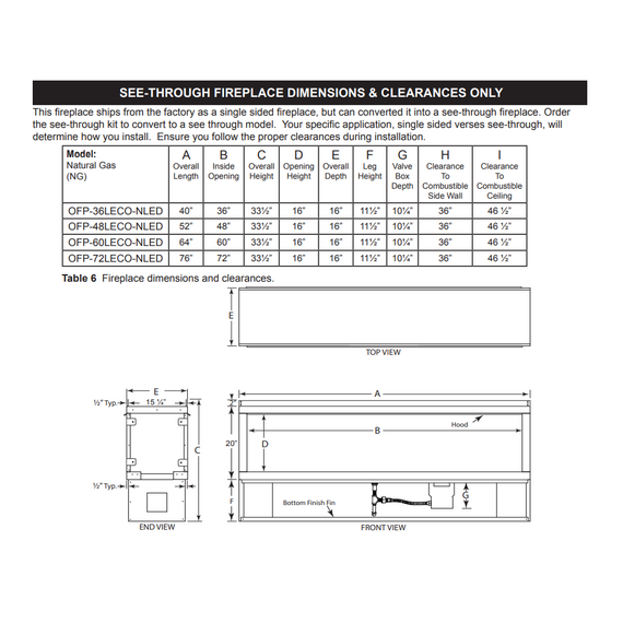 Kalea Bay 60 Inches LED Linear Outdoor Fireplace Firegear Outdoors | OFP-60LECO-PLED See-Through Specifications & Clearances