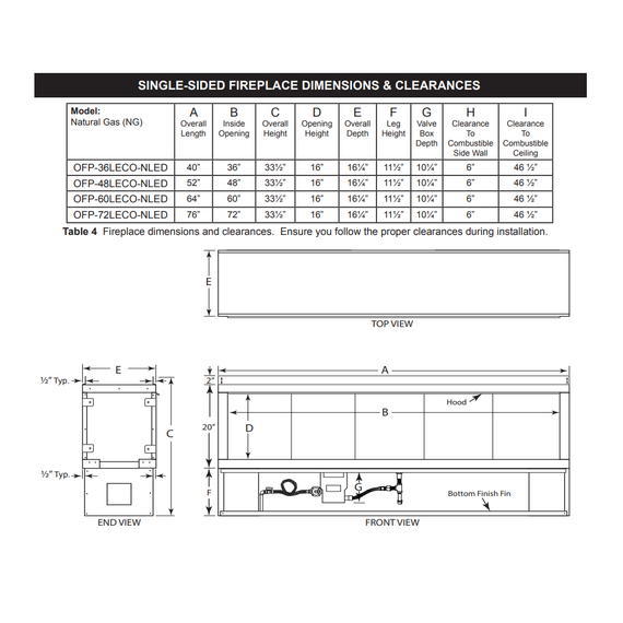 Kalea Bay 48 Inches LED Linear Outdoor Fireplace Firegear Outdoors | OFP-48LECO-NLED Single-Sided Specifications & Clearances