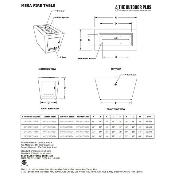 Mesa Rectangular Stainless Steel Fire Table Specifications