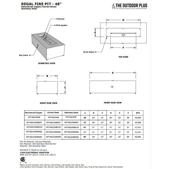 egal Rectangular Stainless Steel Fire Pit 48 Inches Specifications