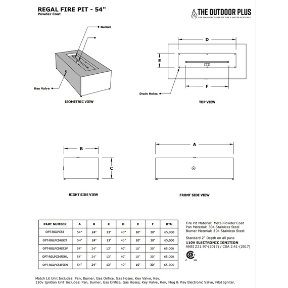 Regal Rectangular Powder Coated Metal Fire Pit 54 Inches Specifications