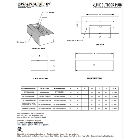 egal Rectangular Stainless Steel Fire Pit 54 Inches Specifications