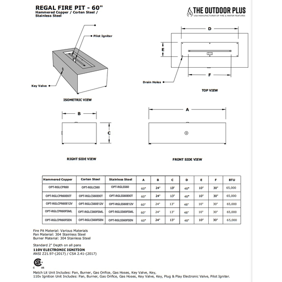 egal Rectangular Stainless Steel Fire Pit 60 Inches Specifications