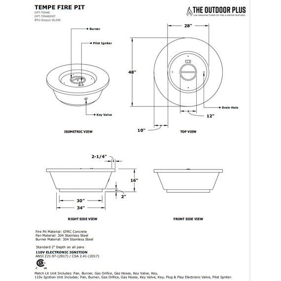 Tempe Round Black and White Collection Fire Pit Specifications