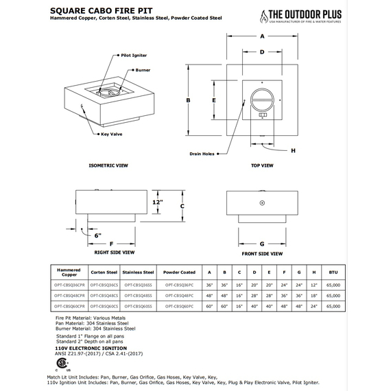 Cabo Square Powder Coated Metal Fire Pit Specifications