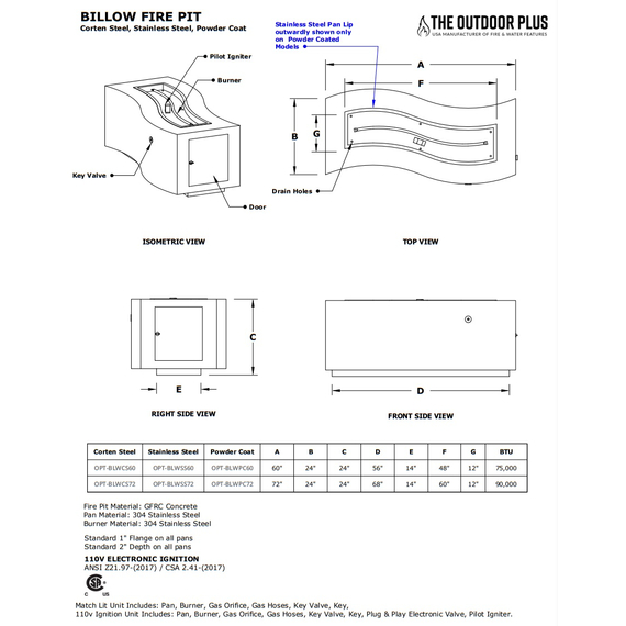 Billow Rectangular Stainless Steel Fire Pit Specifications