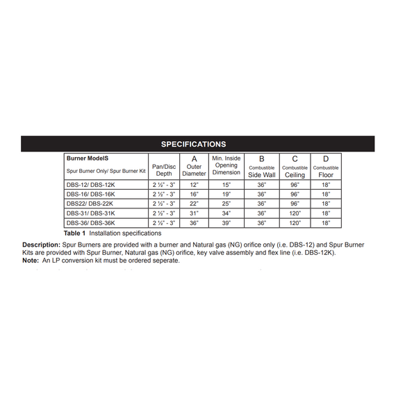 Firegear Burning Spur Stainless Steel Burner Only | DBS Specifications
