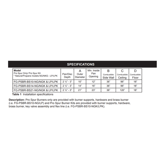 Firegear Burning Spur Pro Series Burner Only | FG-PSBR-BS Specifications