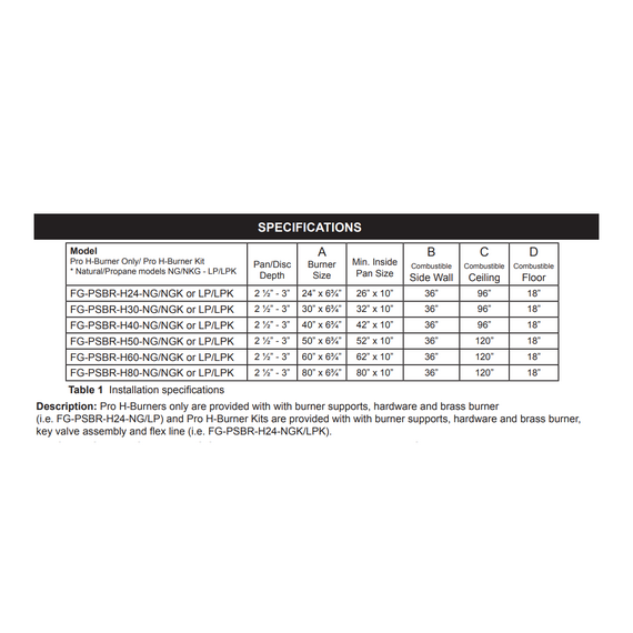 Firegear H Burner Pro Series Burner Only | FG-PSBR-H Specifications