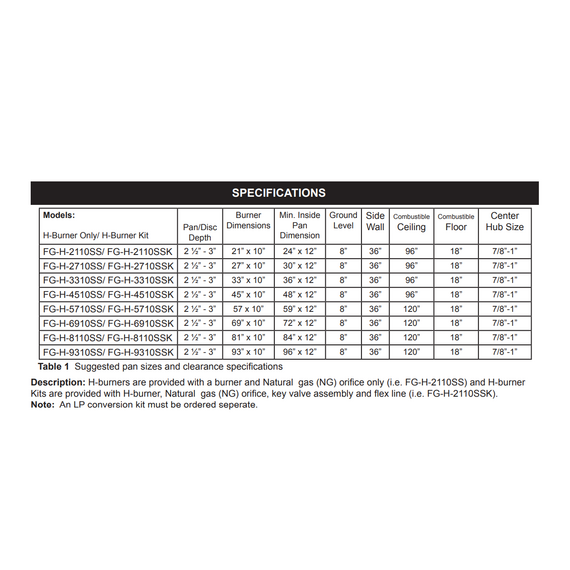 Firegear H Burner Stainless Steel Burner Only | FG-H Specifications