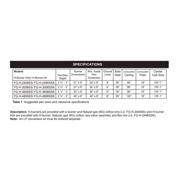 Firegear H Burner Stainless Steel Burner Only | FG-H Specifications Chart