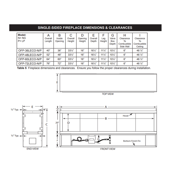 Firegear Outdoors Battery Kalea Bay 60 Inches Linear Outdoor Fireplace | OFP-60LECO-P Single-Sided Specifications & Clearances