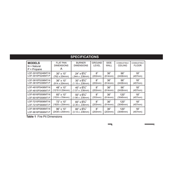 Firegear Linear Flat H Burner Pro Series Burner Systems | LOF MT Specifications