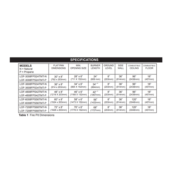Firegear Linear Flat T Burner Pro Series Burner Systems | LOF Specifications