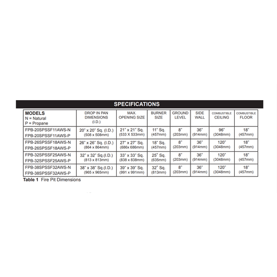 Firegear Square Drop-In Snowflake Pro Series Burner Systems | FPB AWS Specifications