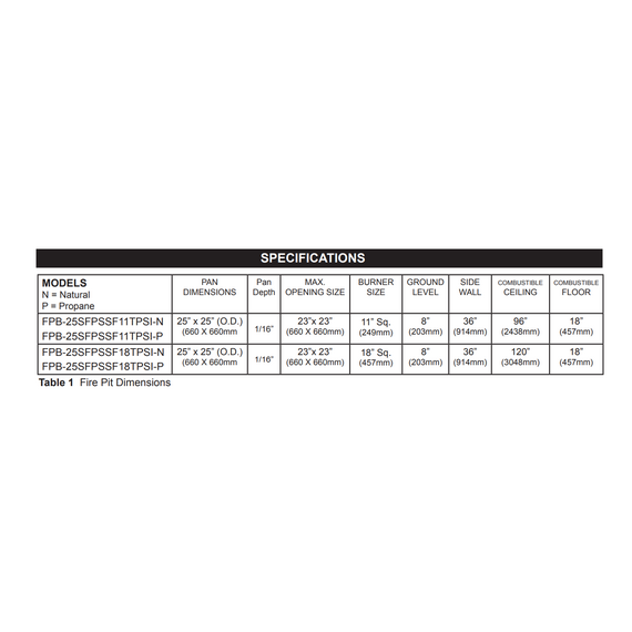 Firegear Square Flat Snowflake Pro Series Burner Systems | FPB TPSI Specifications