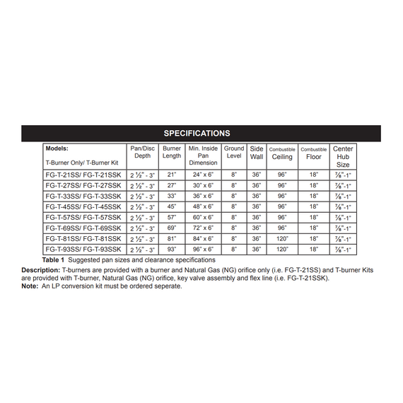 Firegear T Burner Stainless Steel Burner Only | FG-T Specifications