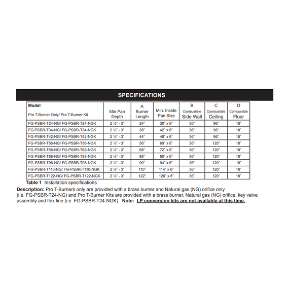 Firegear T Burner Pro Series Burner Only | FG-PSBR-T Specifications