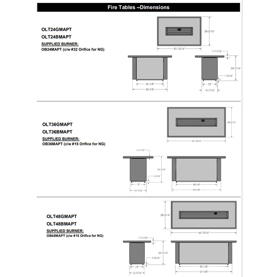 Barbara Jean Collection 48" Linear Outdoor Fire Table OLT48 Specifications