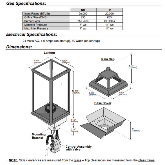 Tempest Torch Gas Lantern Electric Ignition Specifications