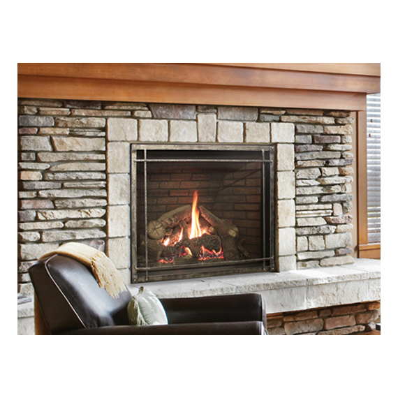 Rushmore Direct Vent Fireplace Shown With Fire Crack Brick Liner & Forged Iron Front With Rectangle Inset
