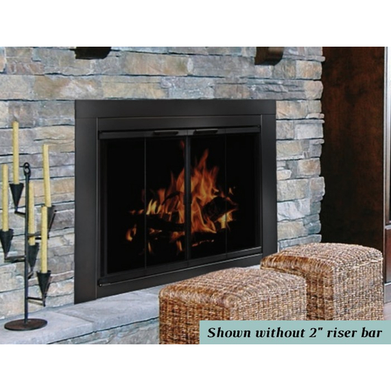The Ardmore masonry fireplace door comes with trackless bi-fold doors and smoked tempered glass.  - Shown riser bar NOT installed