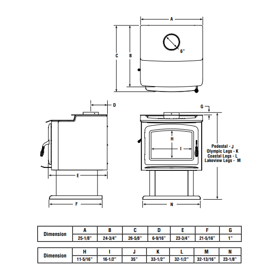 Country Stove Georgetown 230 GL Freestanding Wood Stove Dimension