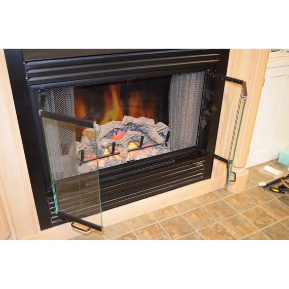 Nightwell ZC fireplace door with fully opened trackless bi-fold doors.