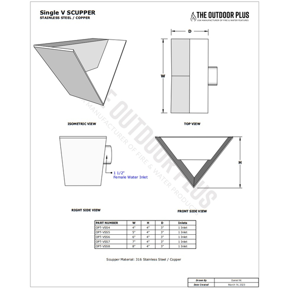 The Outdoor Plus Single V Scupper Specifications