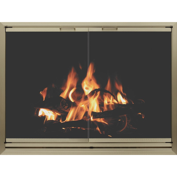 Huntress Masonry Fireplace Glass Door with draft shown in Anodized Brushed Brass