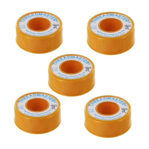 5 Pack Threadmaster® Threadseal Tape ~ Yellow (for Gas Lines) is a high-density PTFE tape, specifically designed for use on gas lines, providing reliable and durable sealing. Manufactured in ISO 9002 certified facilities, it ensures quality and compliance with essential industry standards. The yellow color, a requirement for gas line identification by inspectors, doesn't compromise the tape's density, which stands at 1.0 grams/cc—making it an ideal choice for gas-related applications.  This tape is ULc and CSA listed, RoHS compliant, and meets Mil Spec T-27730A, which guarantees that it's up to par with the highest safety and performance standards. Each roll is clearly labeled with branding, UPC, and instructions, making it user-friendly.  While the yellow color is for code purposes, Threadmaster® Threadseal Tape can be safely used in various environments—pending local codes. Its density ensures a secure and reliable seal for gas lines, providing extra peace of mind in critical applications. This durable tape is highly recommended for both residential and commercial gas line installations.
