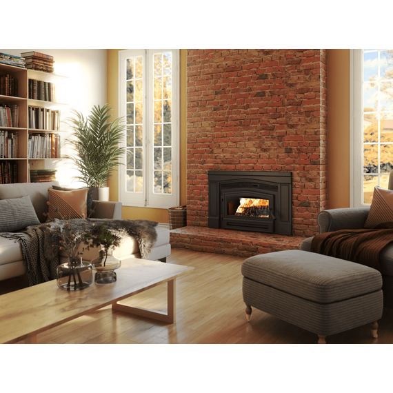 Osburn Matrix 1900 Wood Insert with Blower and Surround Black Door Installed on Brick Design Room