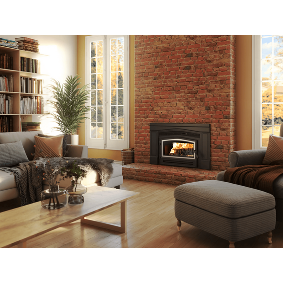 Osburn Matrix 1900 Wood Insert with Blower and Surround Brushed Nickel Door Installed on Brick Design Room