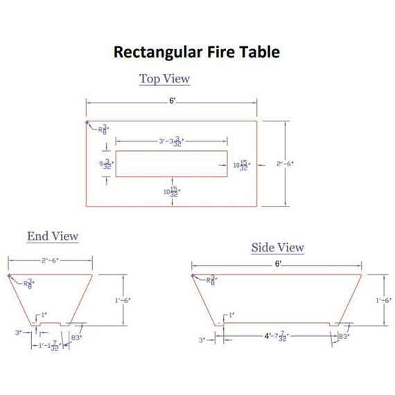 72 Inch Olympus Rectangular Fire Table Specification