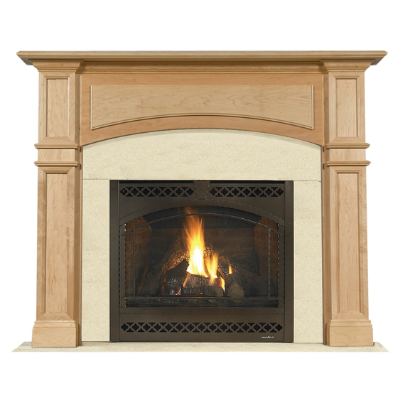 Arched Arlington Fireplace Mantel Surround Shown here in Maple Clearcoat with Creama Marfil Marble
