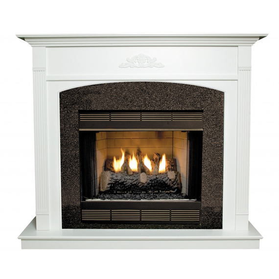Arched Newport Fireplace Mantel Surround Shown here in Painted White with Black Granite and optional hearth base
