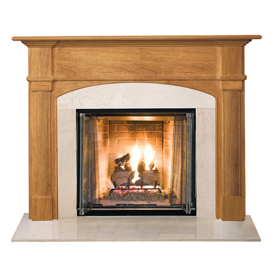Arched Wilson II Fireplace Mantel Surround Shown here in Cherry with Clearcoat finish and Crema Marfil Marble