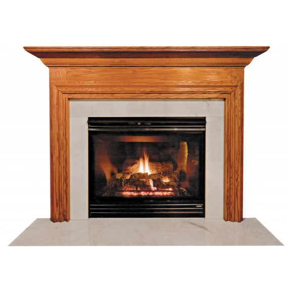 Cambridge Fireplace Mantel Surround Shown here in Oak with Cordovan finish and White Carrara Marble