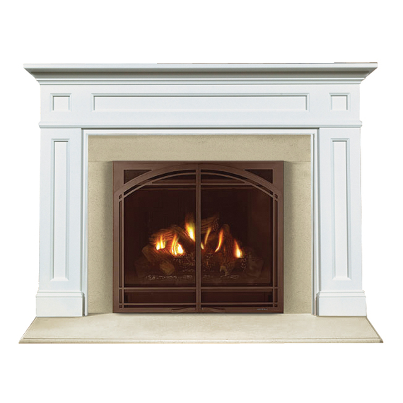Lewsburg Fireplace Mantel Surround Shown here in Painted White with Creama Marfil Marble