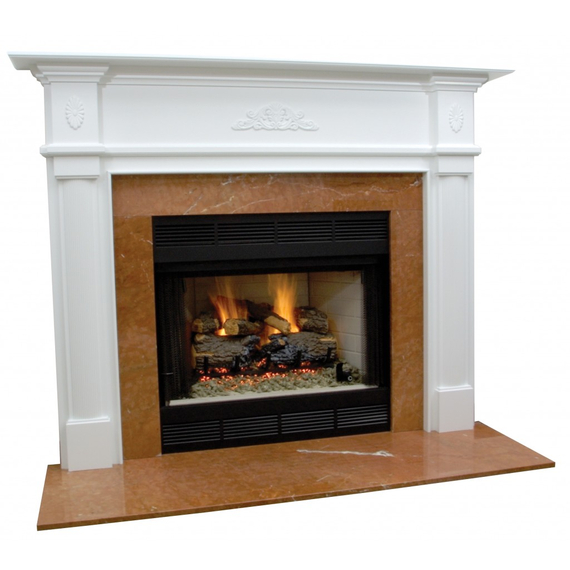 Wilson II Fireplace Mantel Surround Shown here in Painted White with Crema Marfil Marble