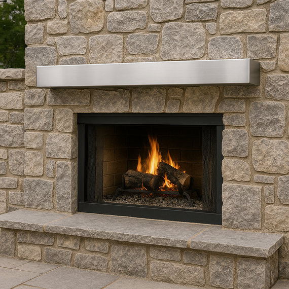 Stainless Steel Mantel Shelf By Design Specialties Over a Beautiful Fireplace