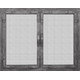 Old world masonry fireplace door shown with clear tempered glass, mesh cabinet doors, and clear natural finish.